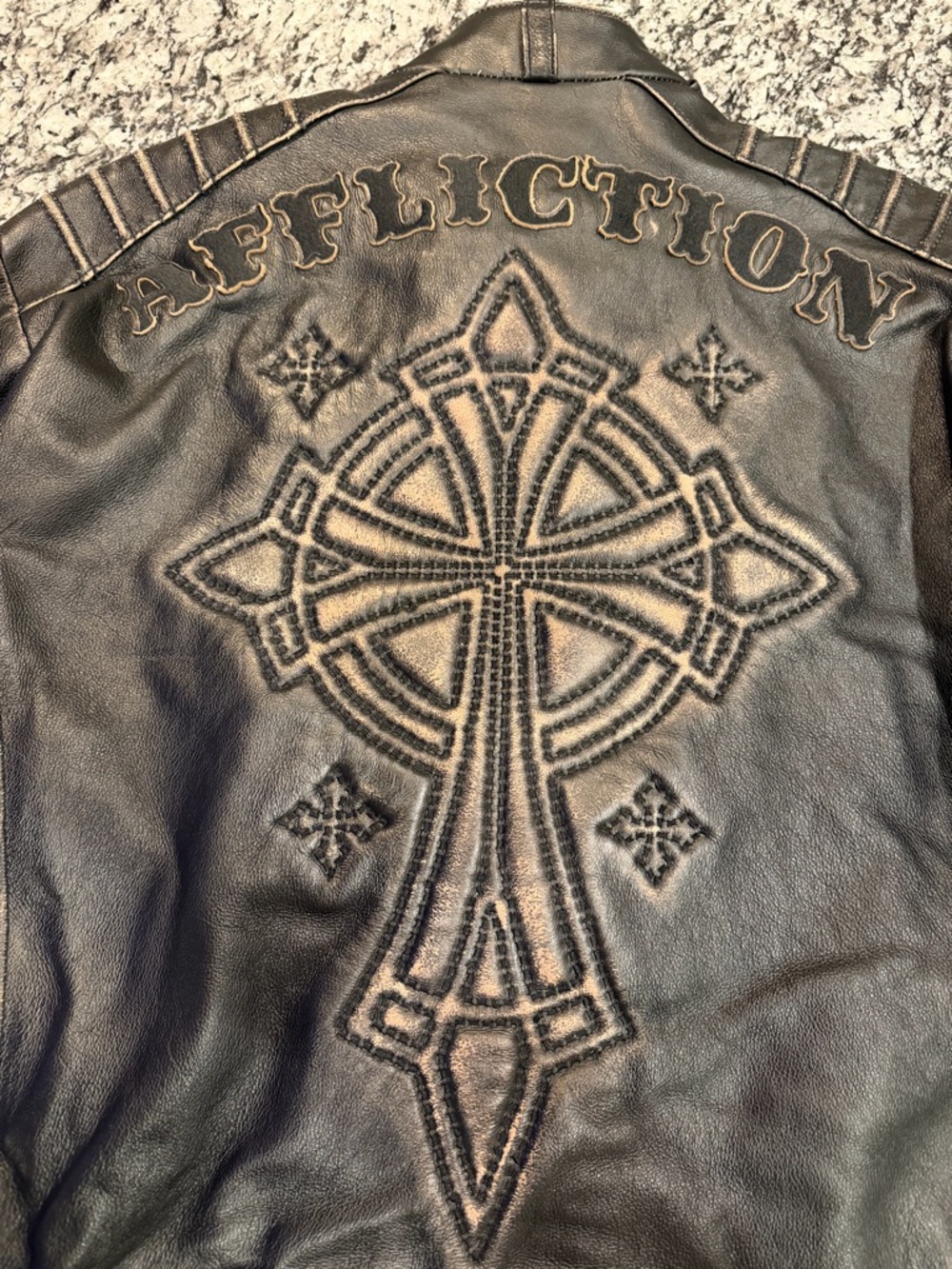 Affliction Black Leather Jacket with Embroidered Cross Back Detail NWOT Size 2XL